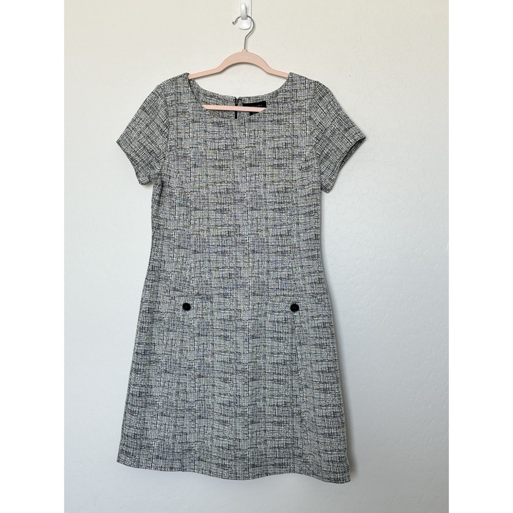Tahari White Black Crosshatch Print Stretch Sheath Dress Pockets Womens Size 10